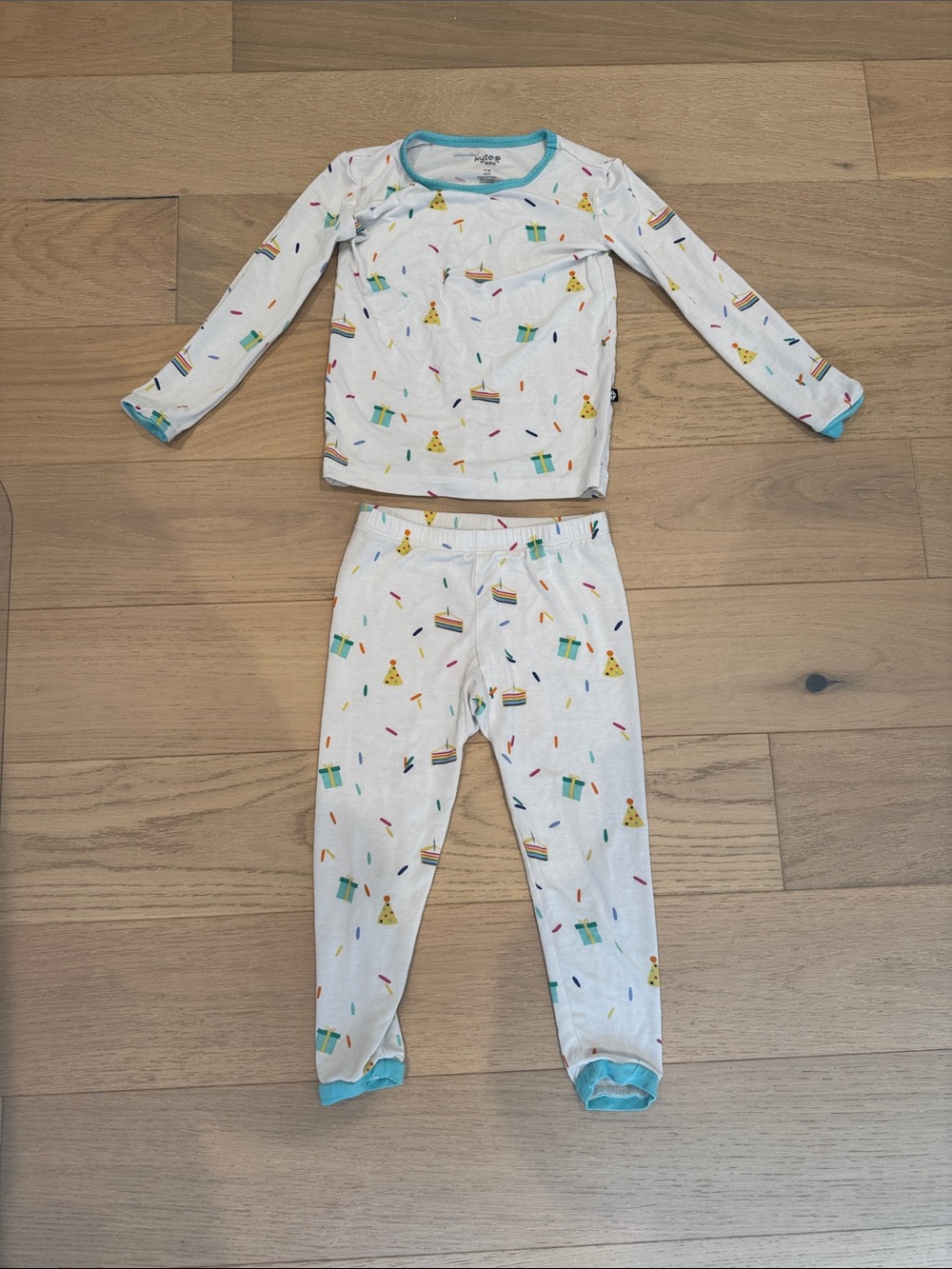 Kids Long Sleeve Pajama Set with Party Print - White with Blue Trim